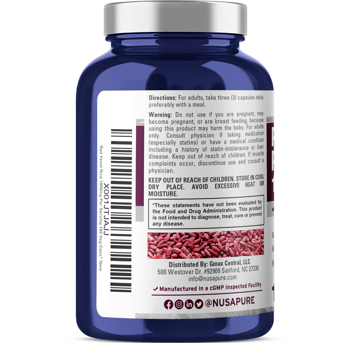 NusaPure Red Yeast Rice - 180 Veggie Capsules
